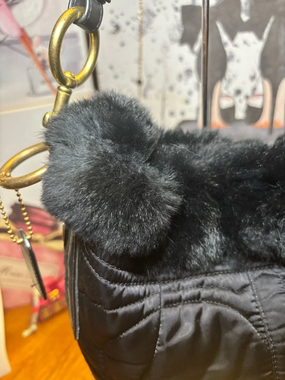 Coach 3586 Black Quilted Satin Rabbit Fur Trim Hobo Bag EUC Y2K Rare